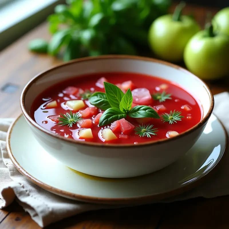 Borscht de Tomate Verde y Albahaca: Sopa Ucraniana Fresca y Sin Cocción