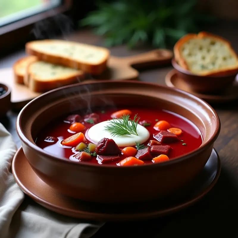 Borscht Ucraniano con Pan de Centeno: Sopa de Remolacha Fermentada y Carne en Caldo Rojo Vibrante