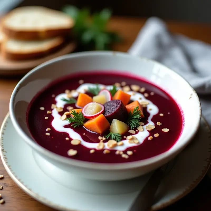 Borscht Ucraniano con Salsa de Yogur Vegano: Sopa de Remolacha Fría y Reconfortante
