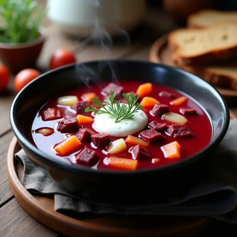 Borshch Ucraniano con Carne de Res: Sopa Tradicional con Remolacha y Repollo
