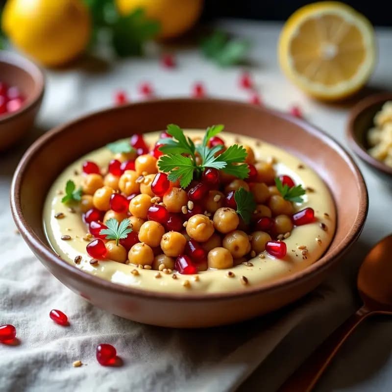 Bouffie de Garbanzos con Tahini y Granados: Aperitivo Libanés Crujiente y Fresco