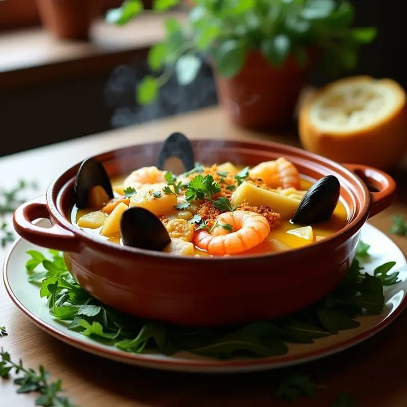 Bouillabaisse Francesa: Guiso de Pescados y Mariscos con Azafrán y Rúcula