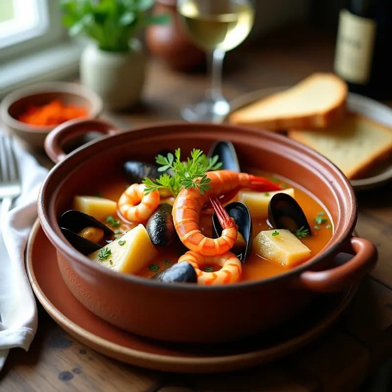 Bouillabaisse de Pescados y Mariscos: Estofado Francés de la Costa con Azafrán