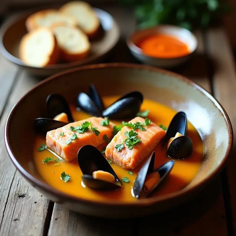 Bouillabaisse de Salmón y Mejillones: Receta Francesa Tradicional con Toque Ligero y Sin Lactosa