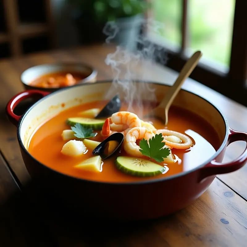 Bouillon de Pescado y Mariscos: Caldo Colombiano con Achiote, Yuca y Plátano Verde