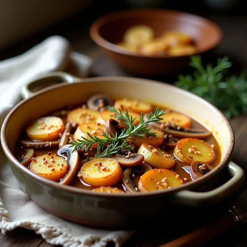 Boulangère de Patatas y Champiñones con Caldo de Verduras: Receta Francesa Vegana y Reconfortante