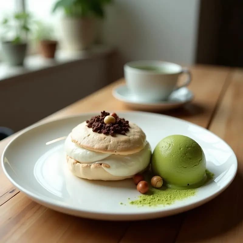 Boule de Miaou de Chocolate y Avellanas con Helado de Té Verde: Postre Francés-Japonés Gourmet