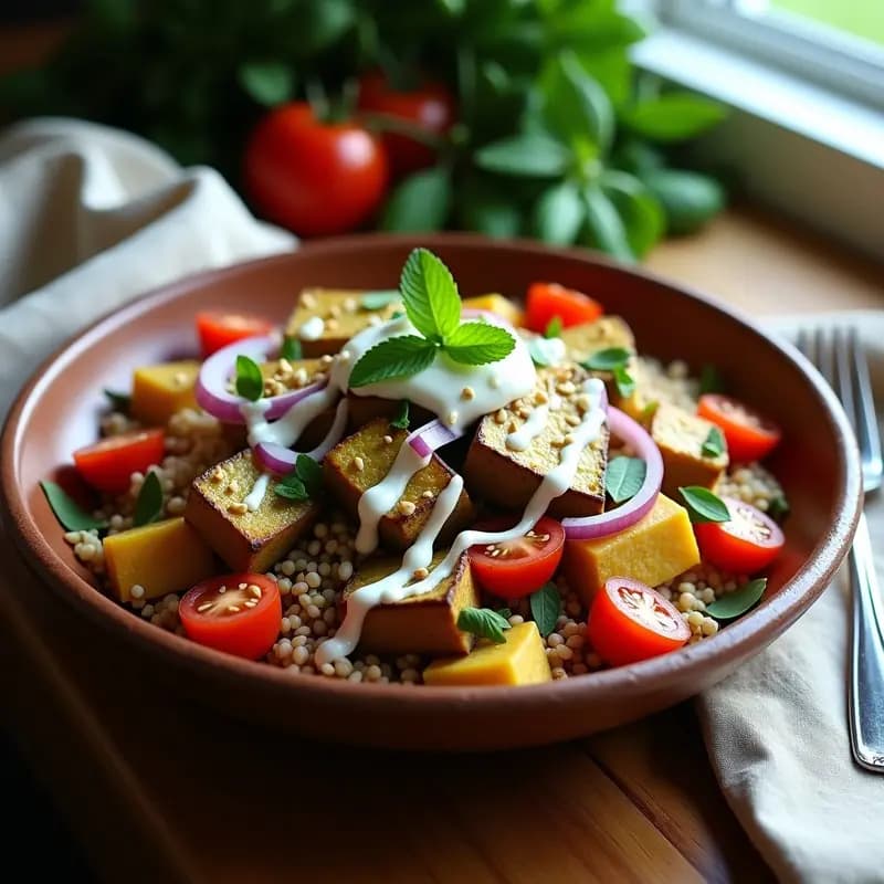 Boulgour con Berenjena Asada y Yogur de Menta: Ensalada Libanesa Fresca y sin Gluten
