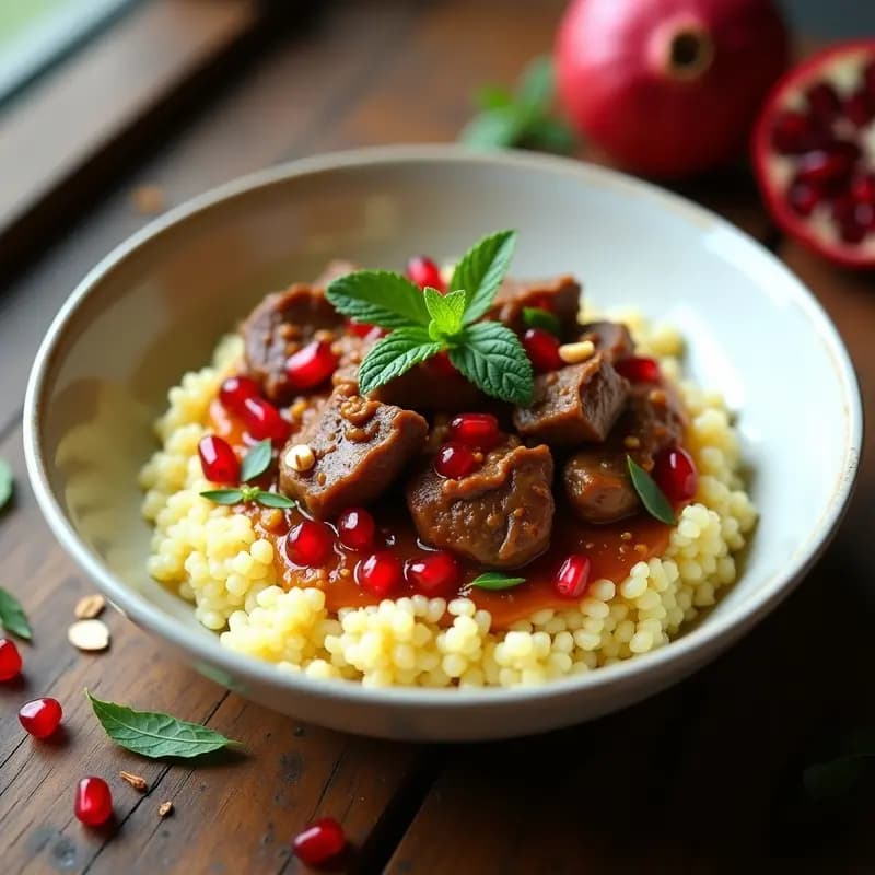 Boulgour con Cordero y Granadas: Receta Argelina con Especias Ras el Hanout
