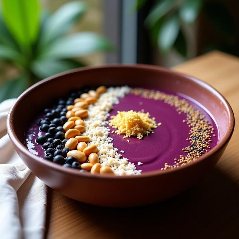 Bowl de Açaí con Toppings de Cacahuete y Sésamo Negro: Desayuno Brasileño Antioxidante
