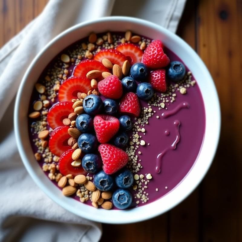 Bowl de Açaí con Toppings de Frutos Rojos y Granola de Cacao: Desayuno Antioxante