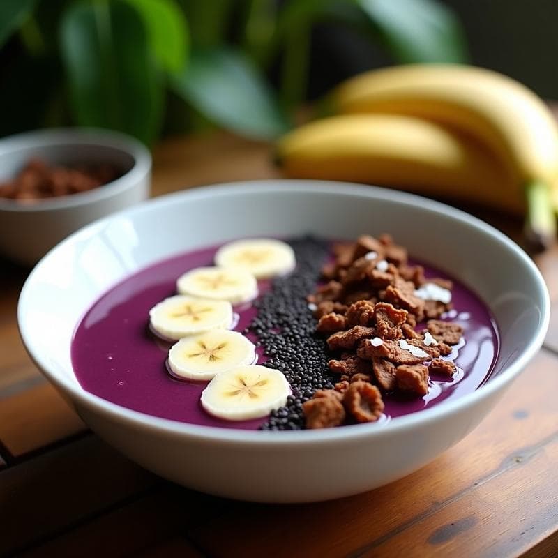 Bowl de Açaí con Granola de Cacao y Plátano: Desayuno Brasileiro Alta en Fibra