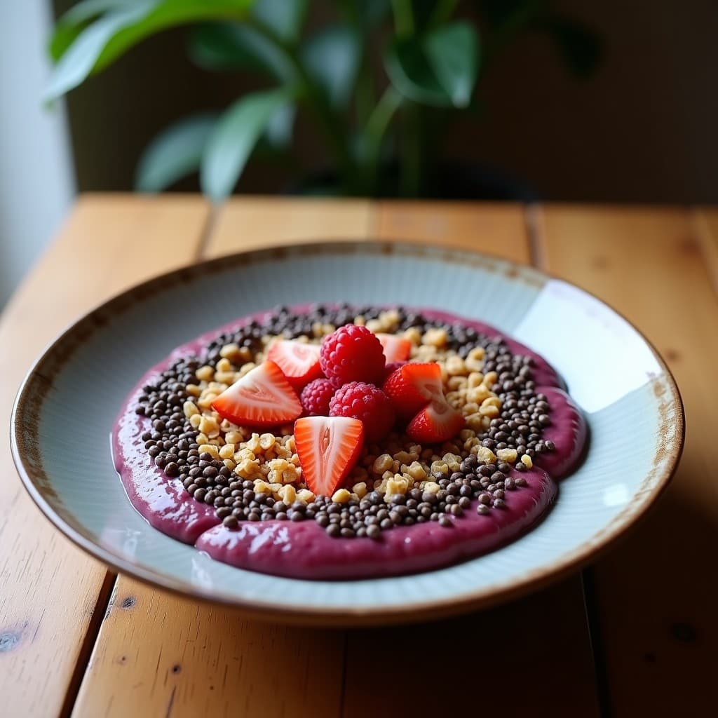 Bowl de çaçaí con granola de coco y semillas de chía: Desayuno brasileño antioxidante sin lácteos