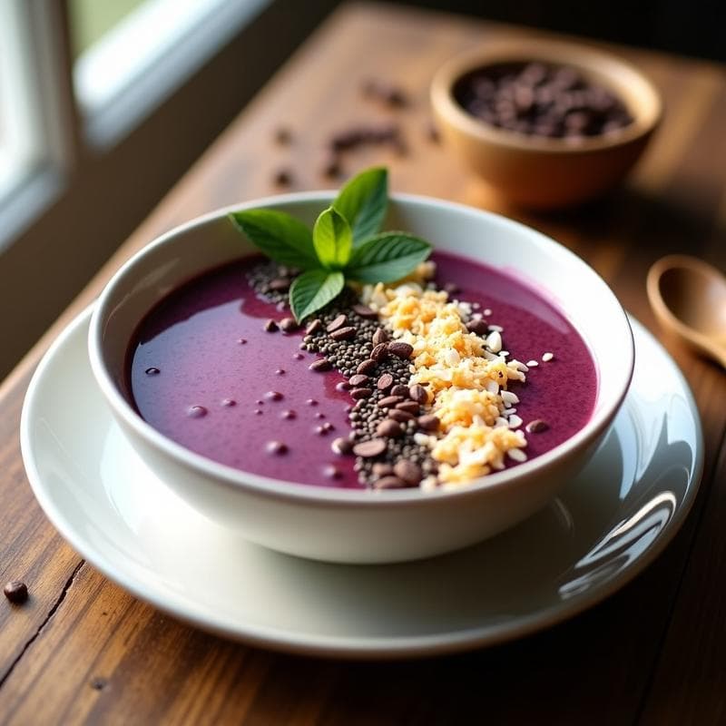 Bowl de Açaí con Leche de Anacardos y Toppings de Cacao Nibs: Desayuno Brasileiro Antiinflamatorio