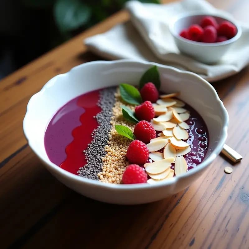 Bowl de Açaí con Toppings de Quinoa Inflada y Coulis de Frambuesa: Desayuno Brasileño Superfood