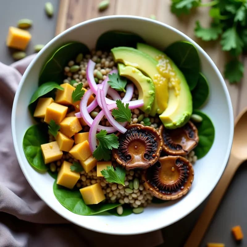 Bowl de Amaranto y Champiñones Portobello: Desayuno Andino Alta en Proteína