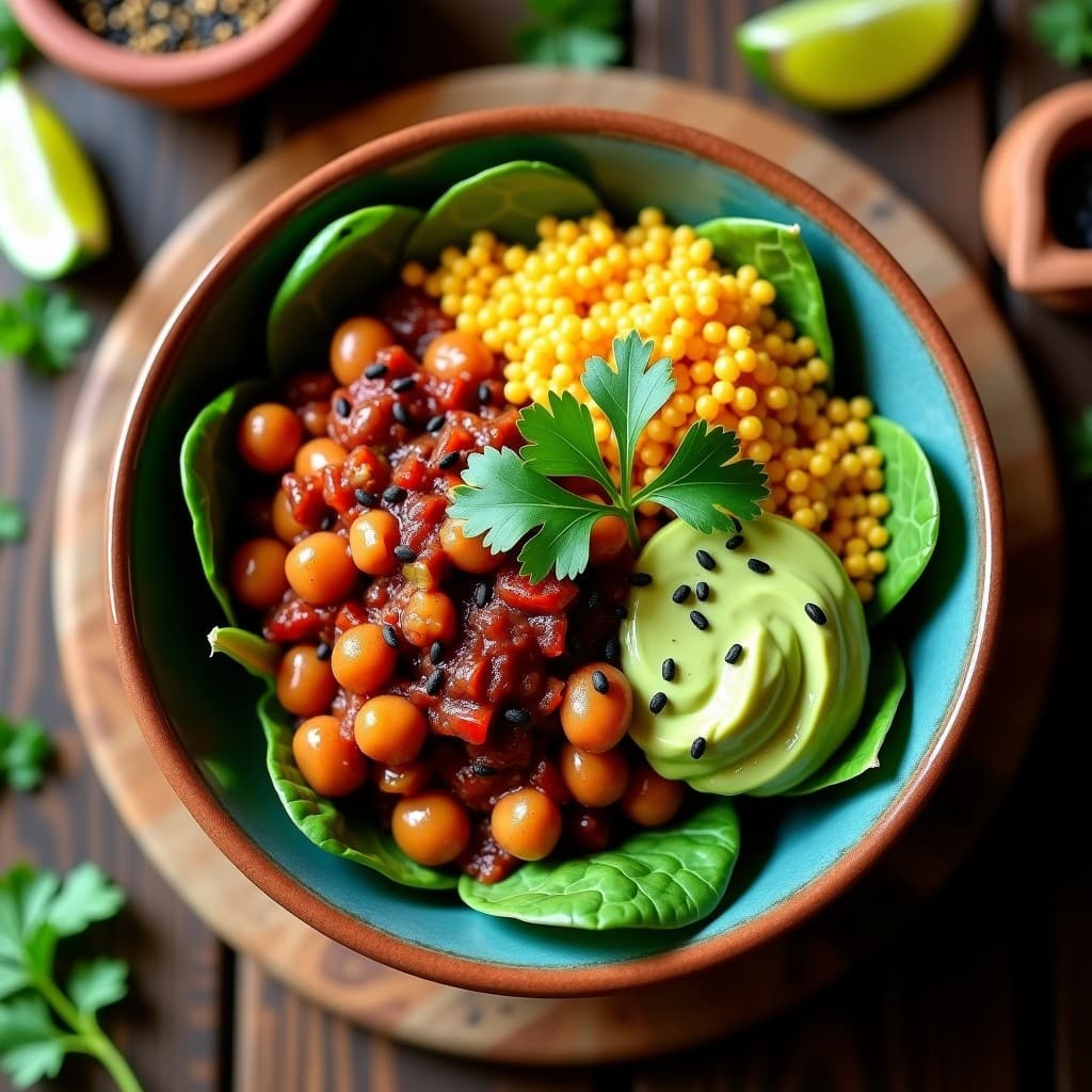Bowl de Amaranto con Chili Sin Carne y Aderezo de Aguacate: Receta Azteca Vegana
