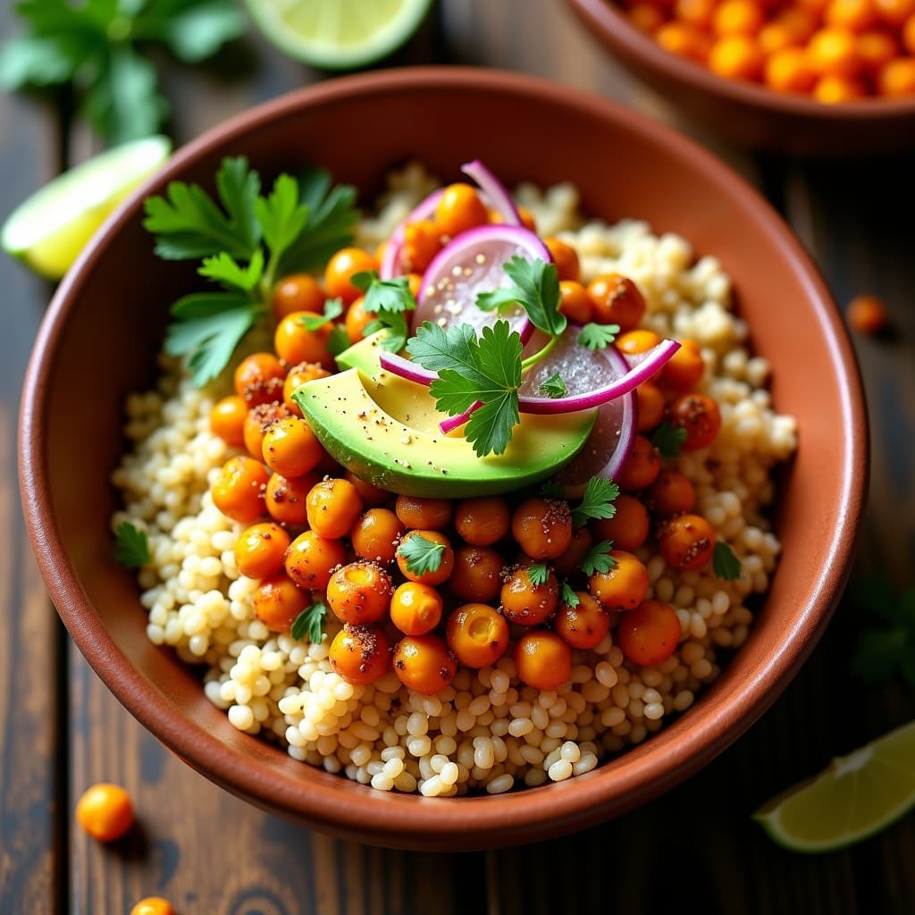 Bowl de Amaranto con Garbanzos Crujientes y Vinagreta de Limón: Receta Azteca Vegana