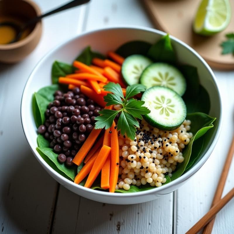 Bowl de Amaranto y Lentejas Beluga con Vinagreta de Lima Kaffir: Receta Vegana Tailandesa Alta en Hierro