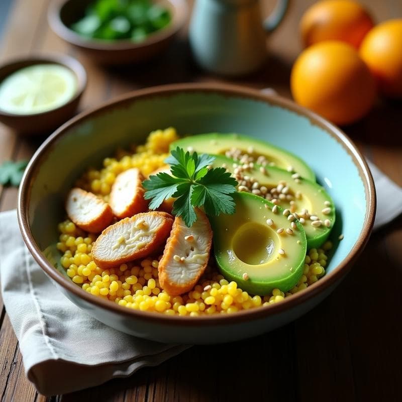 Bowl de Amaranto con Pollo al Curry Verde y Aguacate: Desayuno Alto en Proteína y Sin Gluten