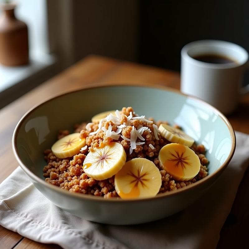 Bowl de Arequipe y Plátano Macho Asado: Desayuno Colombiano con Granola de Coco y Chía