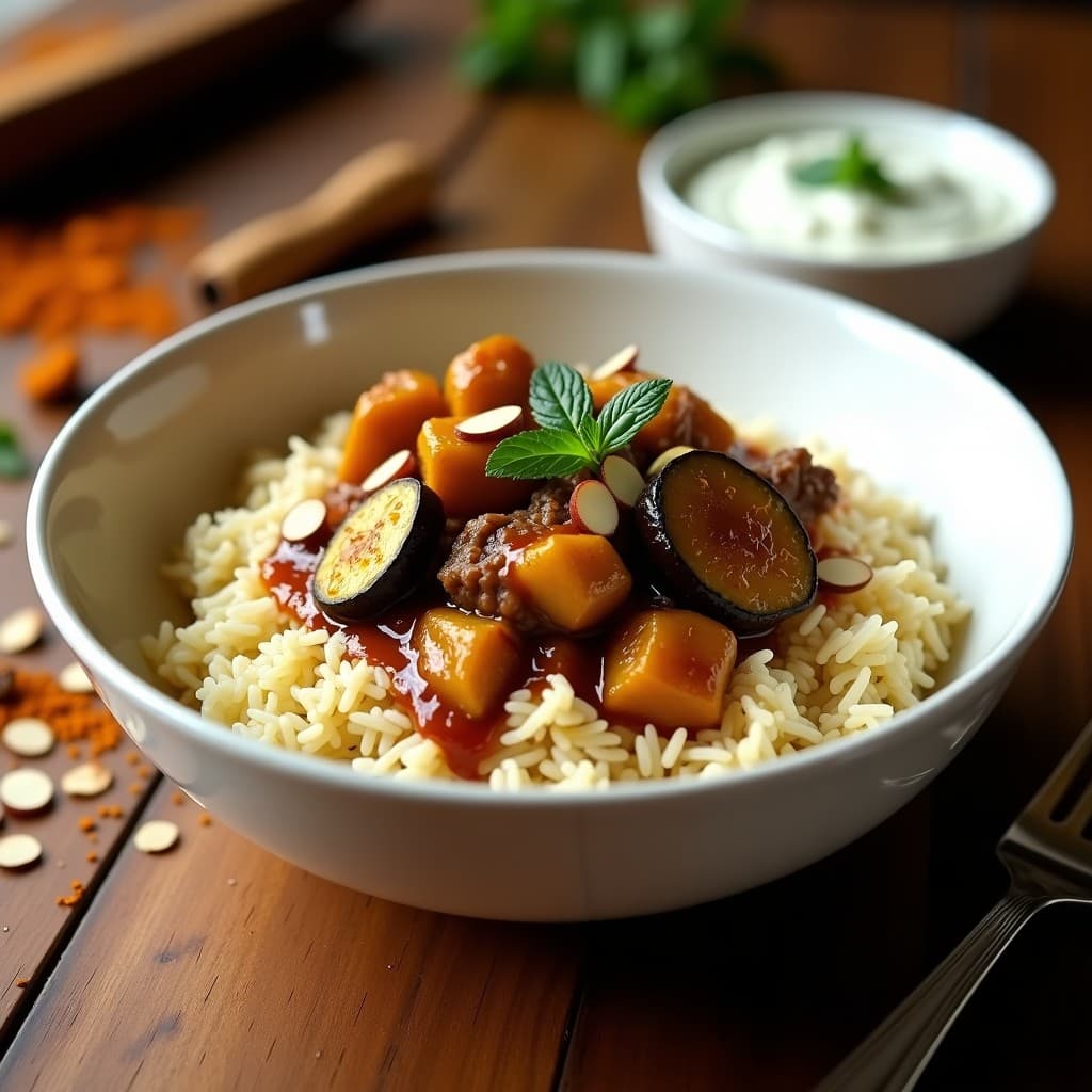 Bowl de Arroz Basmati con Cordero al Ras El Hanout y Berenjenas Asadas: Receta Marroquí en Olla Lenta