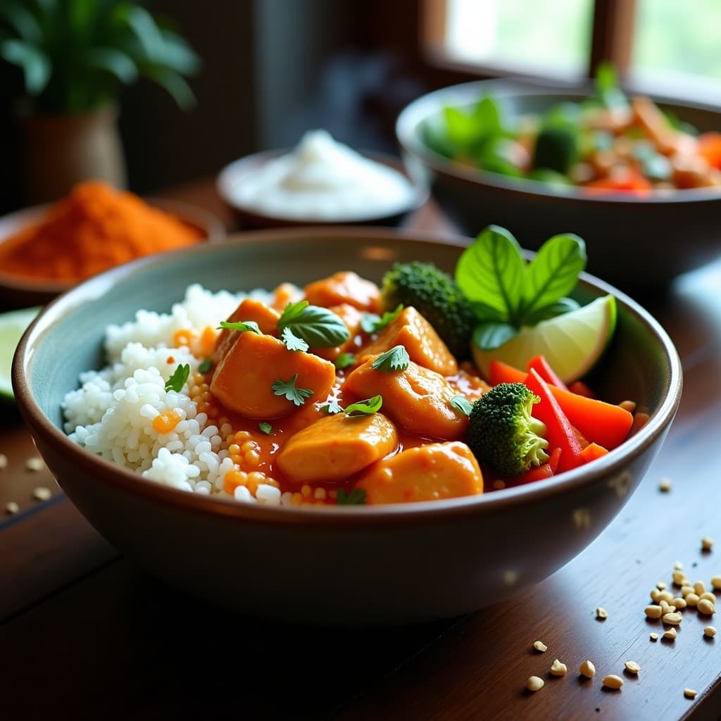 Bowl de Arroz Basmati con Pollo al Curry Rojo y Vegetales Salteados: Receta Tailandesa en 30 Minutos
