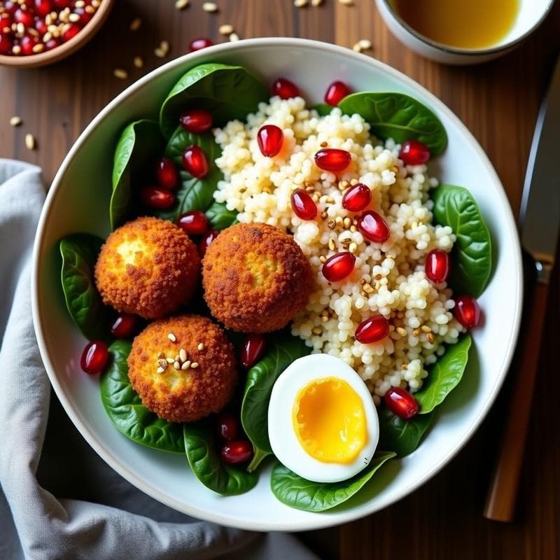 Bowl de Arroz de Coliflor y Falafel: Receta Keto con Salsa Tahini y Granado