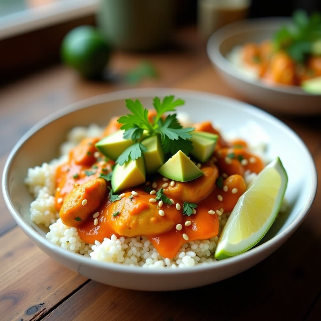 Bowl de Arroz de Coliflor con Pollo al Curry y Aguacate: Receta Ceto y Alta en Proteínas