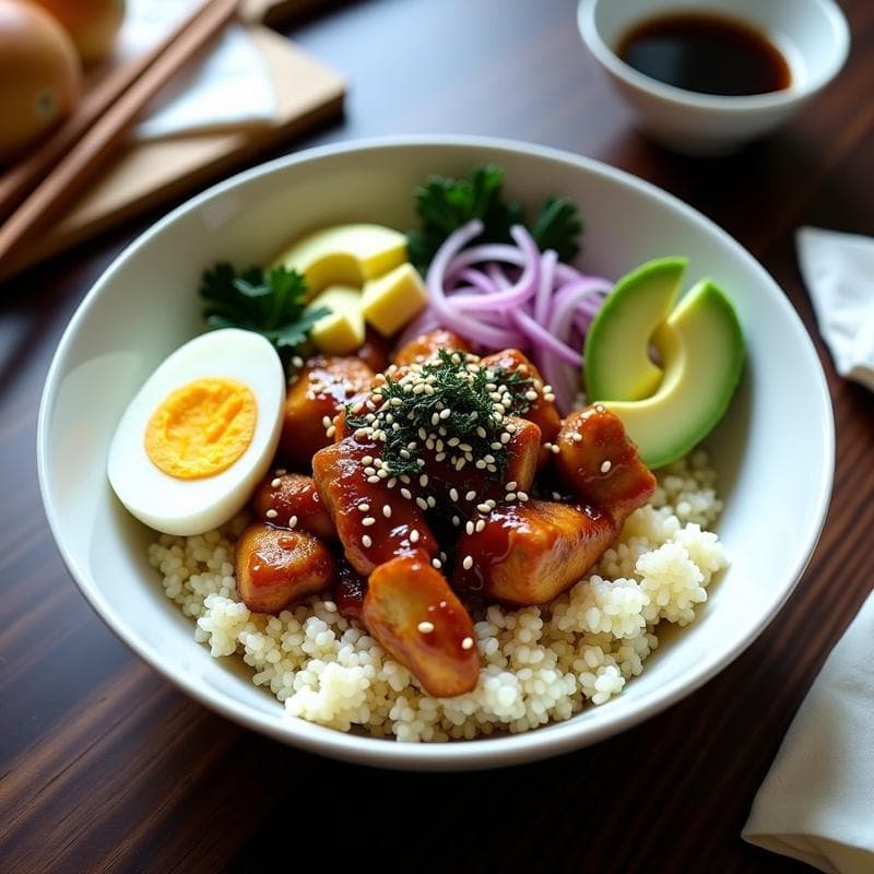 Bowl de Arroz de Coliflor con Pollo Teriyaki y Semillas de Sésamo: Receta Japonesa Keto