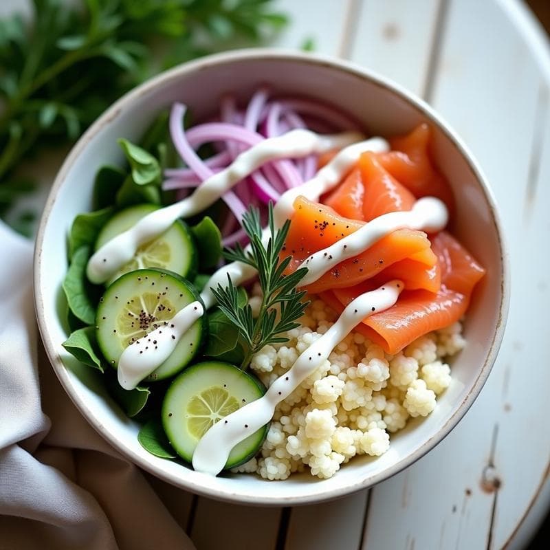 Bowl de Arroz de Coliflor y Salmón Ahumado: Receta Keto con Aderezo de Eneldo y Yogur