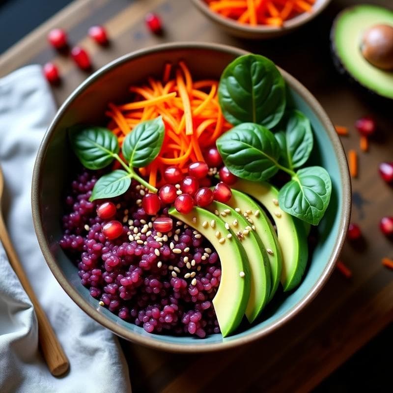 Bowl de Arroz Morado con Aguacate y Semillas de Granado: Receta Peruana Vegana y Alta en Fibra