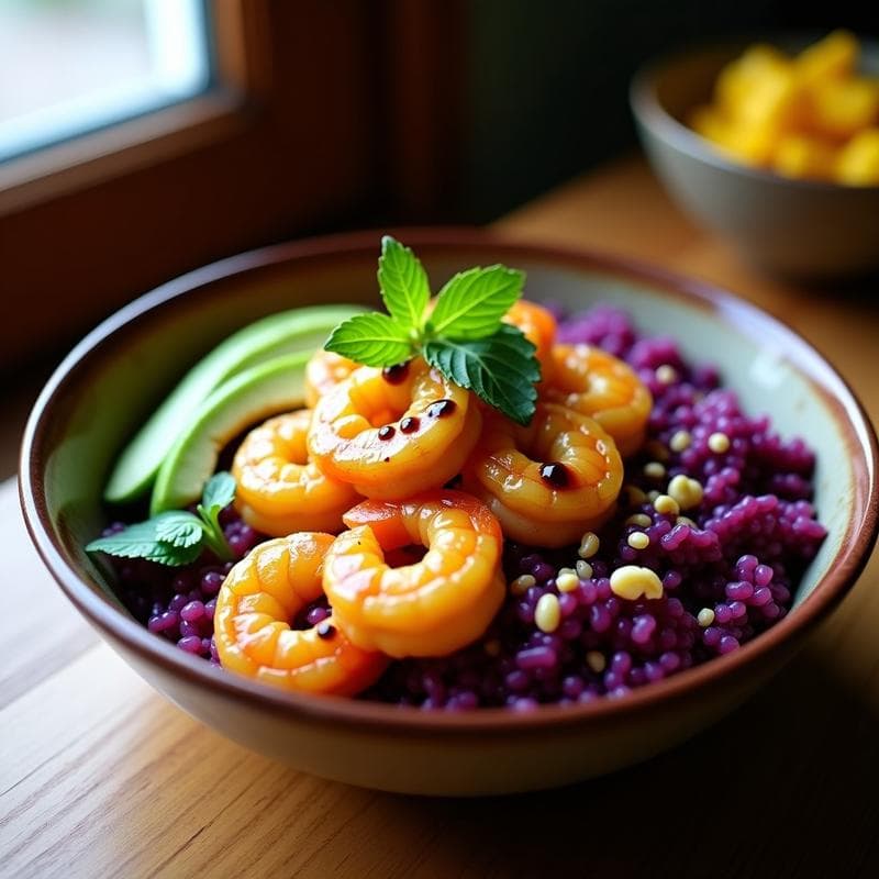 Bowl de Arroz Púrpura con Camarones al Ají Amarillo: Receta Peruana Alta en Proteína en 25 Minutos
