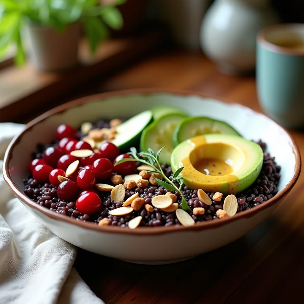 Bowl de Arroz Salvaje con Arándanos y Vinaigrette de Mosto: Desayuno Detox y Antioxidante