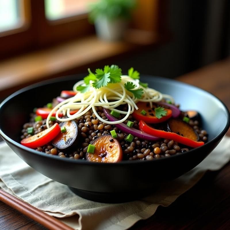 Bowl de Arroz Salvaje con Champiñones Portobello y Salsa de Soja Negra: Receta China Vegana