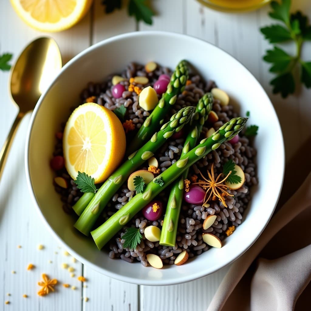 Bowl de Arroz Salvaje y Espárragos con Vinagreta de Limón y Azafrán: Receta Persa y Ligera