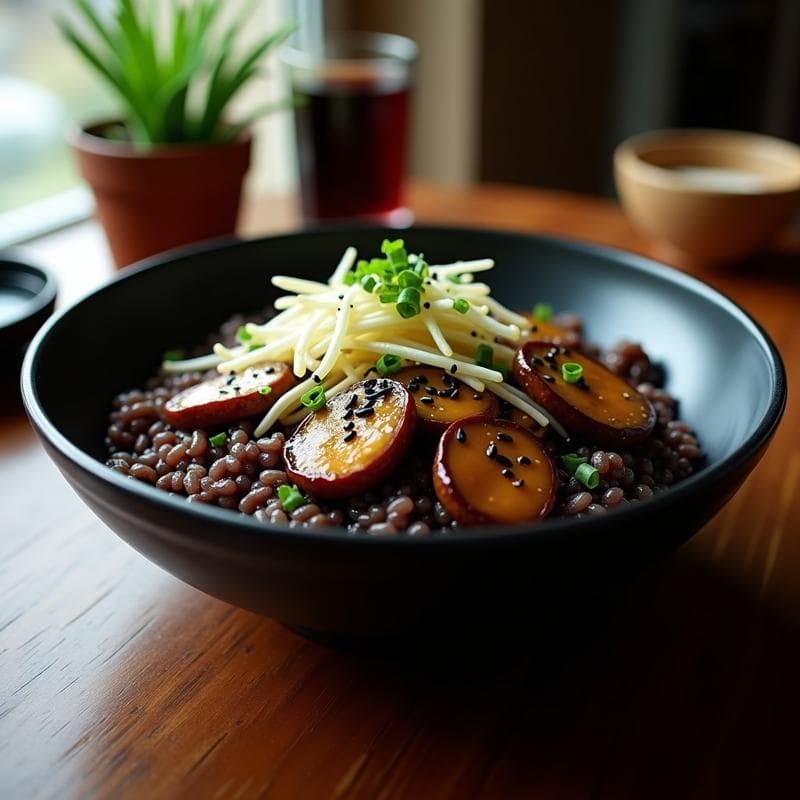 Bowl de Arroz Salvaje con Hongos Shitake y Reducción de Vino Tinto: Receta China Vegana y Ricotissa