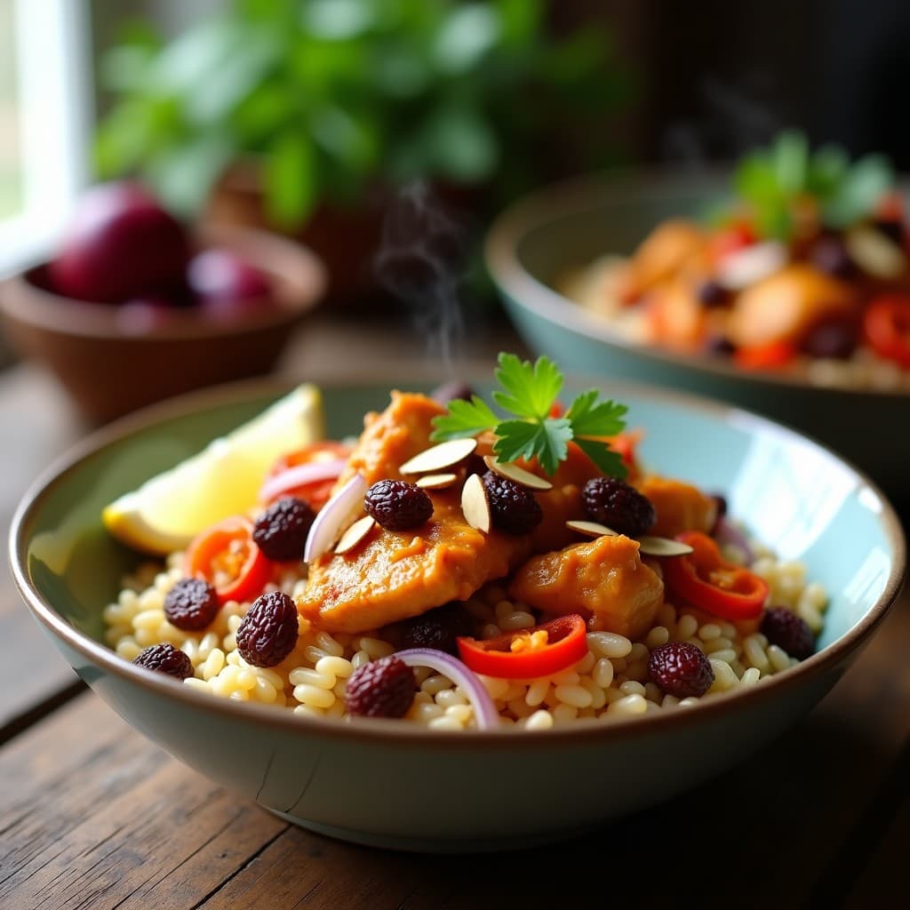 Bowl de Arroz Salvaje con Pollo al Curry y Uvas Pasas: Receta en 20 Minutos Alta en Proteína