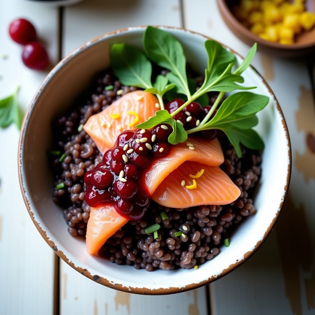 Bowls de Arroz Salvaje con Salmón Ahumado y Salsa de Arándanos: Receta Sin Gluten y Omega-3