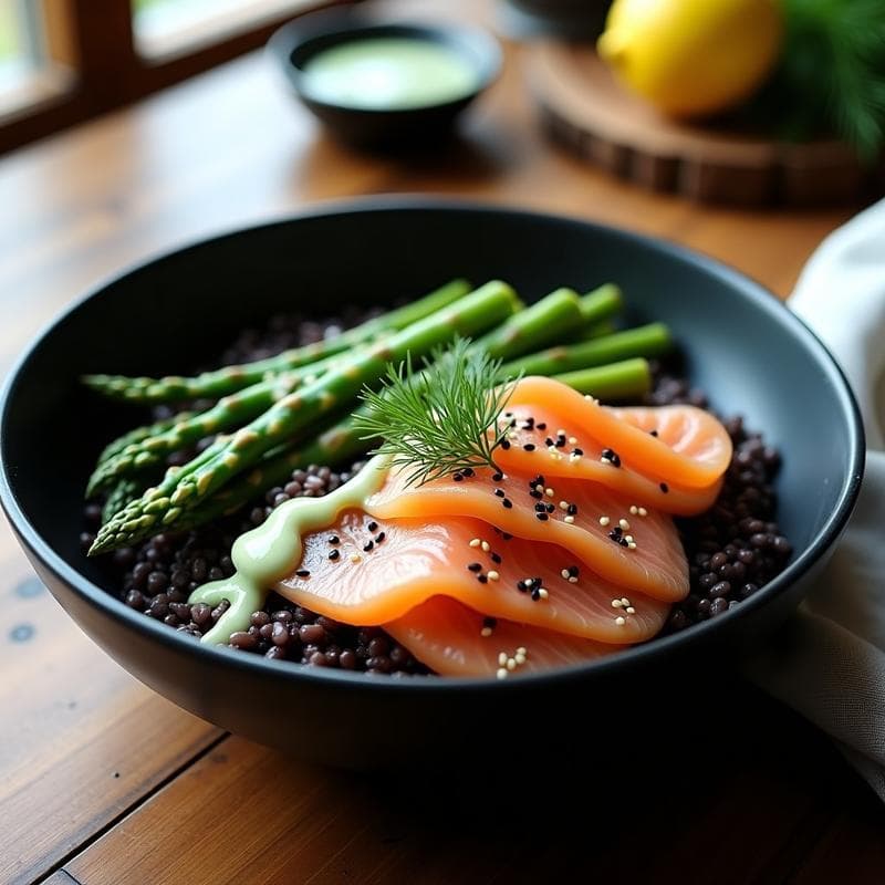 Bowl de Arroz Salvaje con Salmón Ahumado y Espárragos: Receta Keto en Airfryer