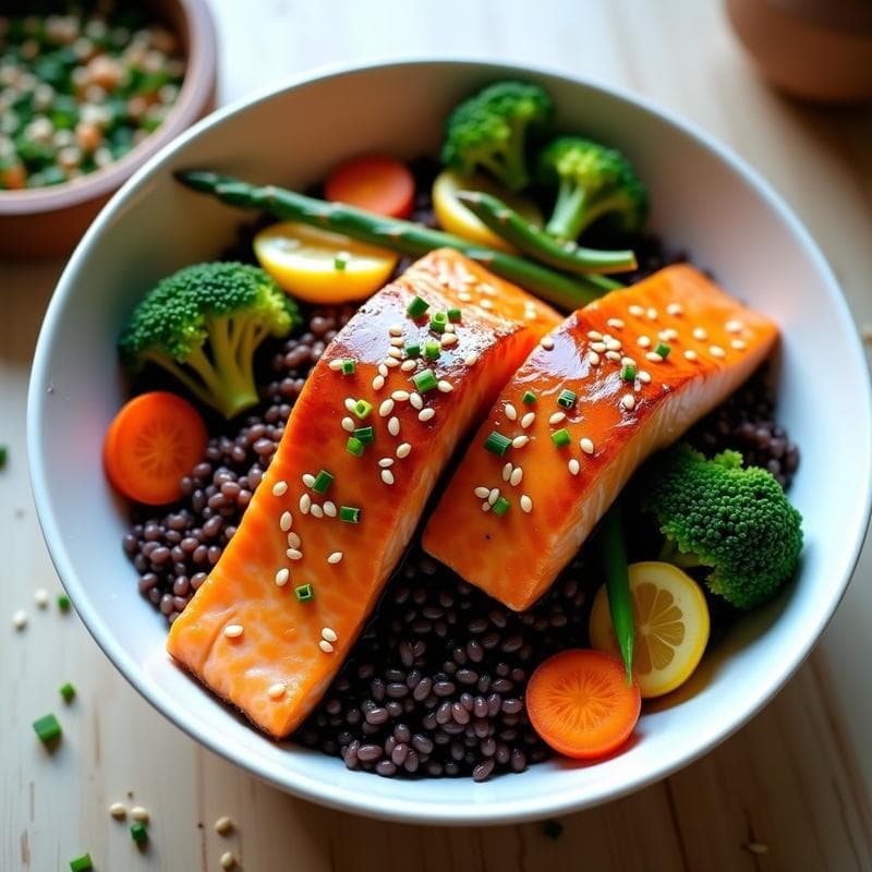Bowl de Arroz Salvaje con Salmón al Miso y Vegetales al Vapor: Receta en 25 Minutos