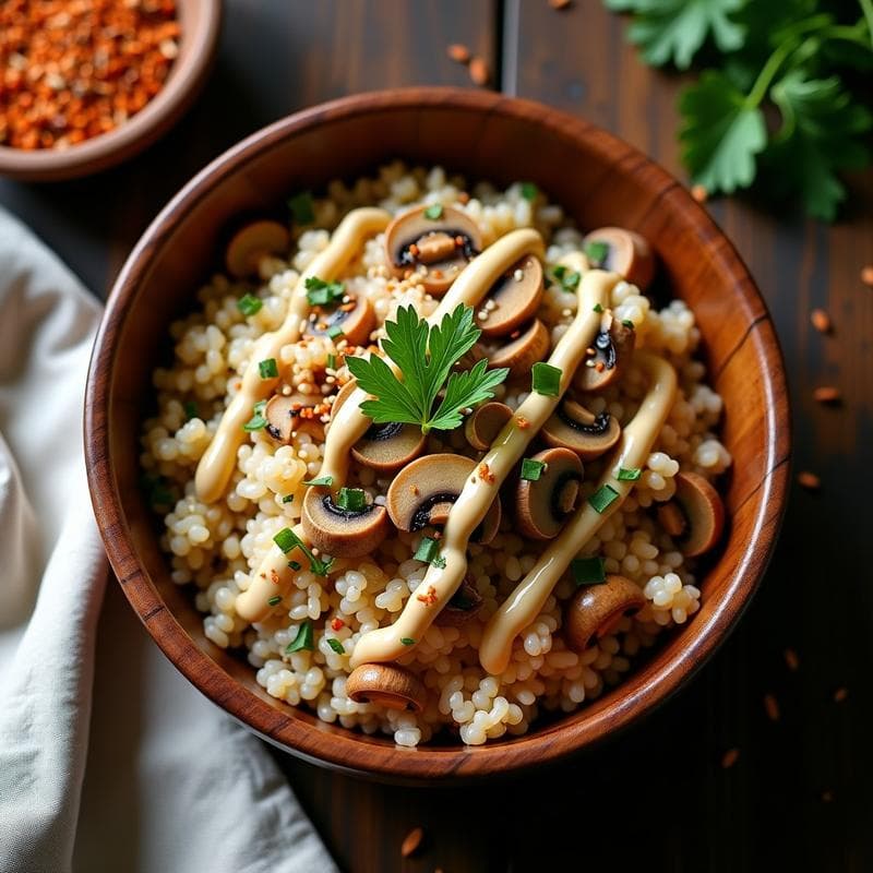 Bowl de Arroz Silvestre con Champiñones Oyster y Salsa de Tahini: Receta Canadiense Vegana