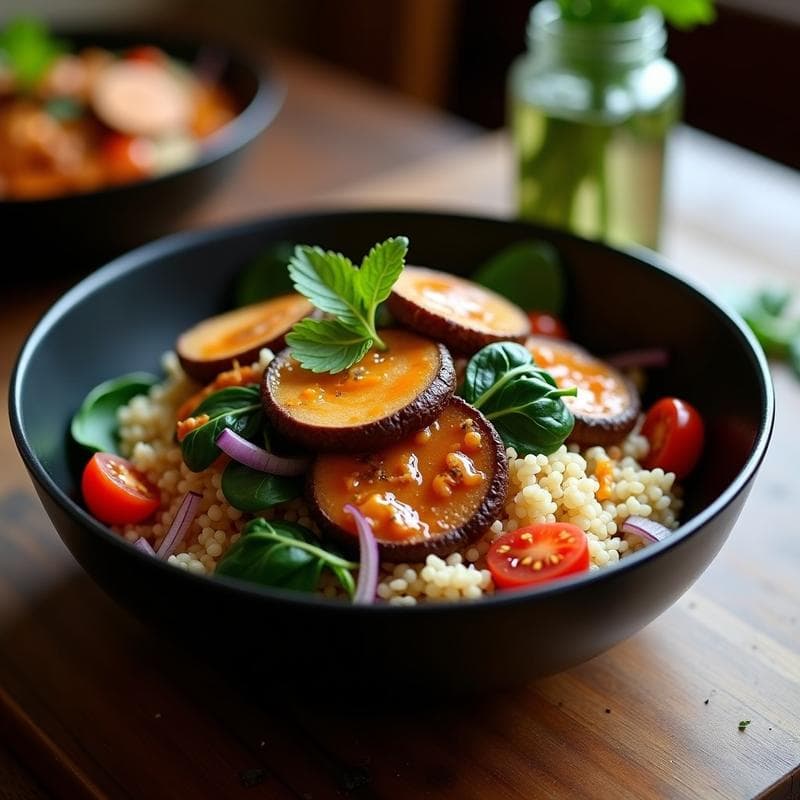 Bowl de Arroz Silvestre con Champiñones Portobello y Romesco: Receta Vegana y Reconfortante