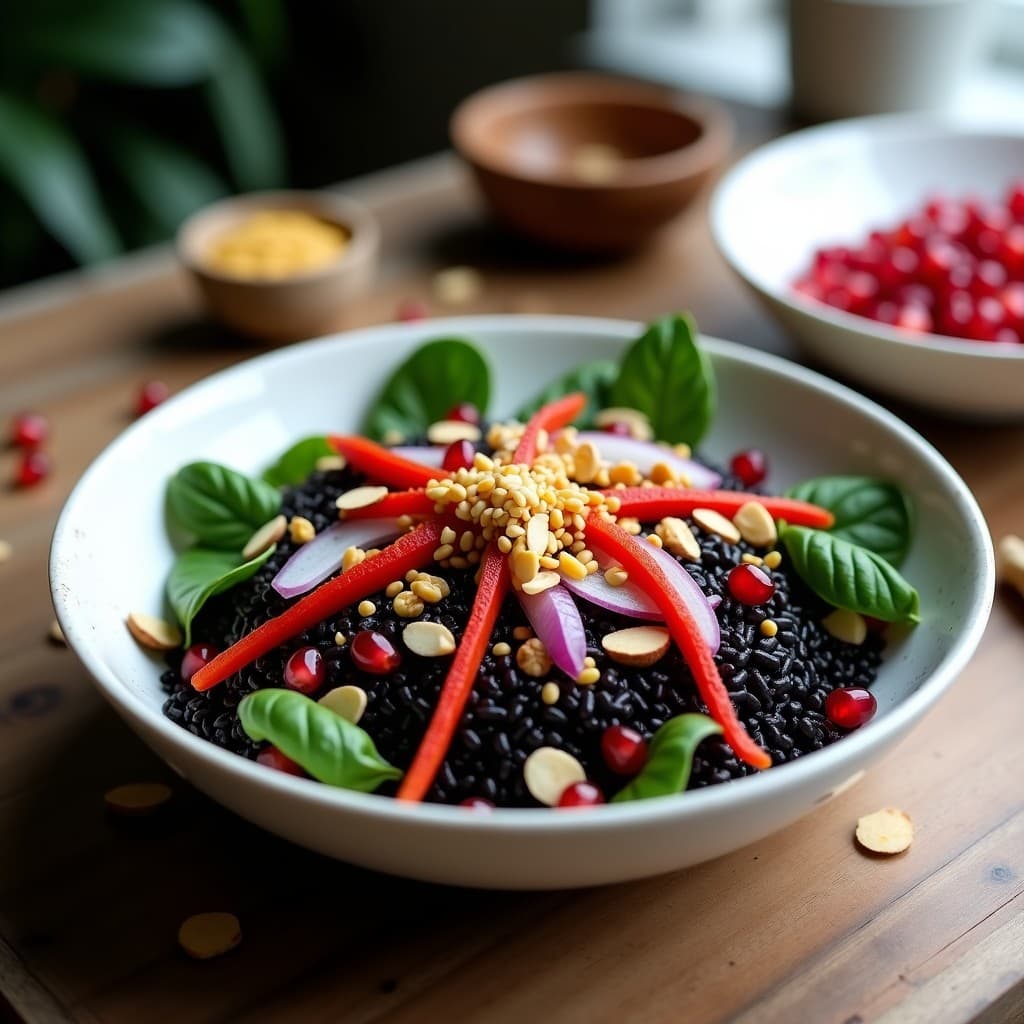 Bowl de Arroz Venere con Espinacas, Granados y Aderezo de Vinagre de Pomelo: Receta Vegana y Sin Gluten