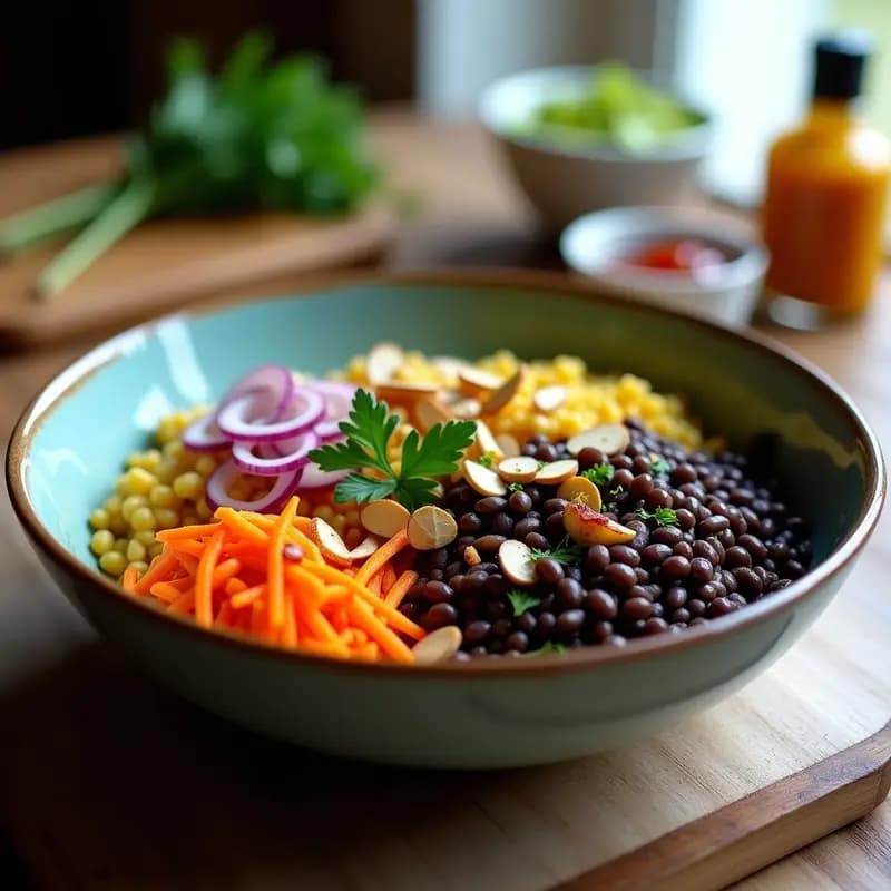 Bowl de Arroz Venere y Lentejas Beluga con Aderezo de Tamarindo y Mostaza de Dijon: Receta Persa en 20 Minutos
