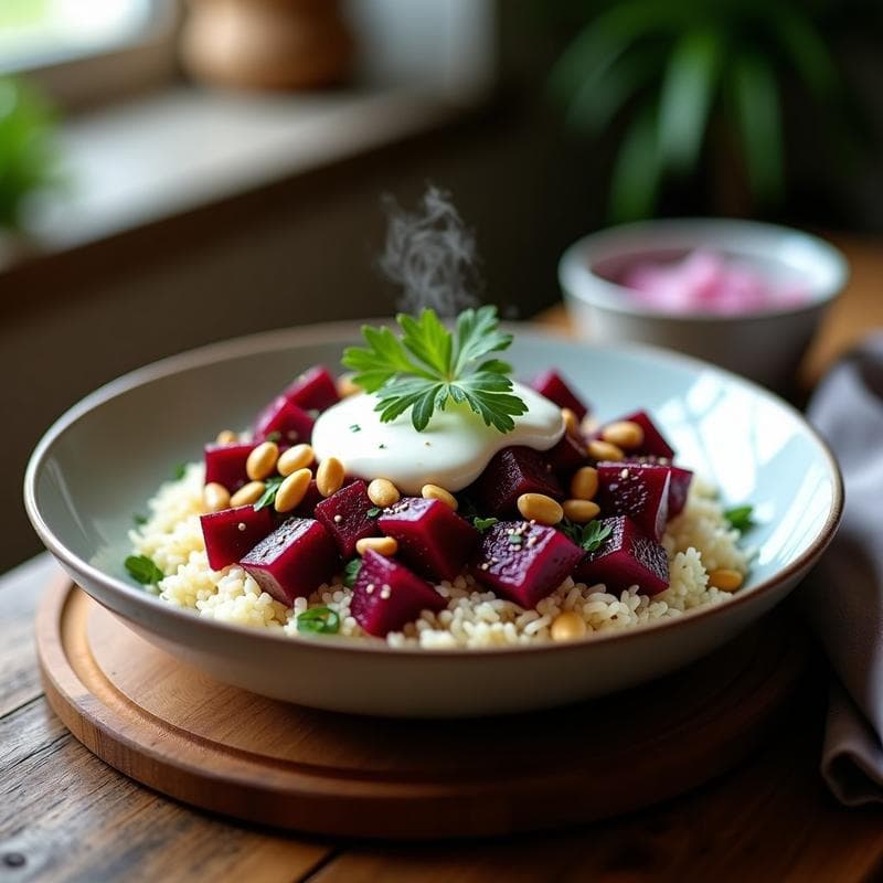 Bowl de Arroz Wrocław y Remolacha Asada: Receta Polaca con Salsa de Yogur y Eneldo en 25 Minutos