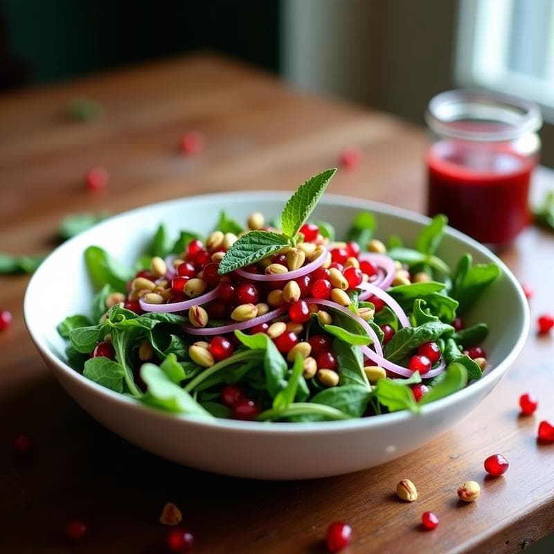 Bowl de Arrúgula con Granos de Granada y Vinagreta de Granada: Ensalada Iraní Vegana y Sin Gluten