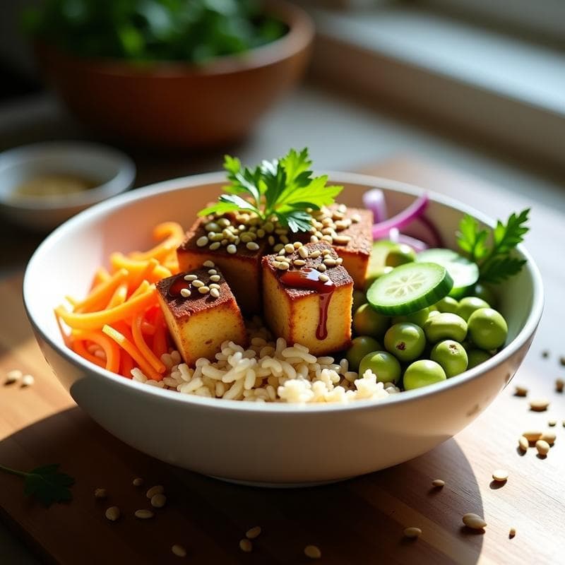 Bowl Asiático con Tofu Crujiente y Semillas de Sésamo: Receta Alta en Proteína en 20 Minutos