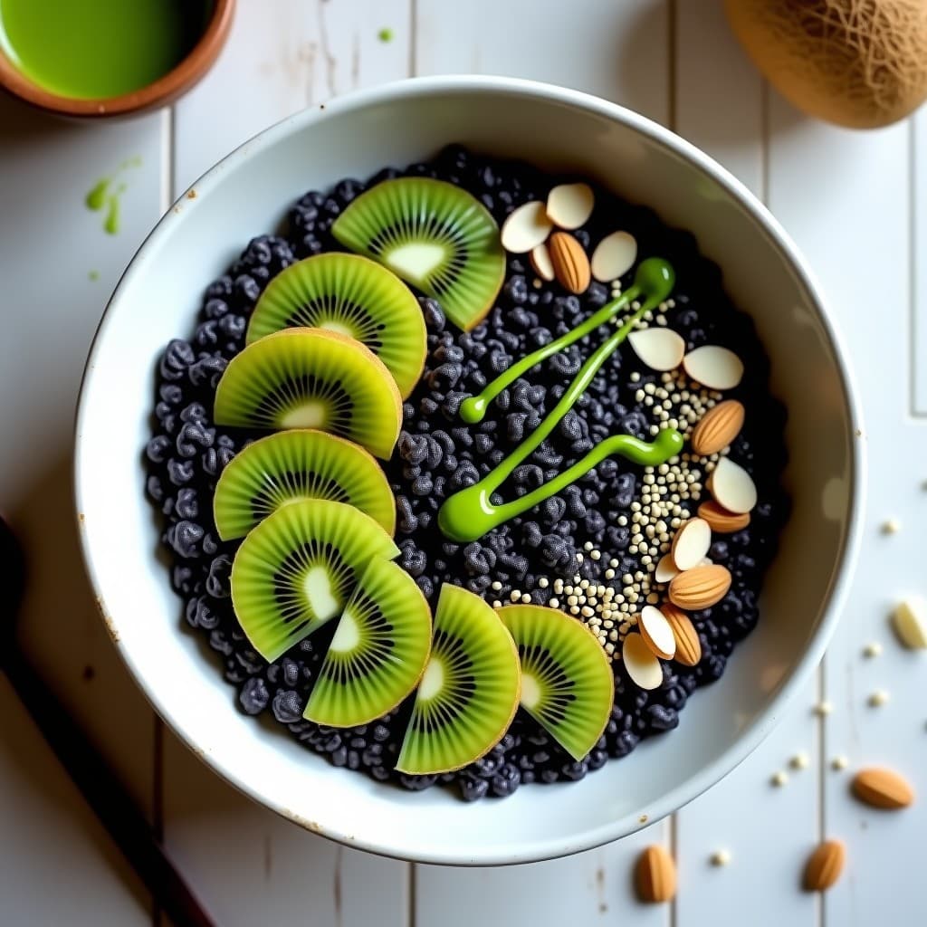 Bowl de Avena Negra y Kiwi con Salsa de Matcha: Desayuno Japonés Keto y Sin Azúcar