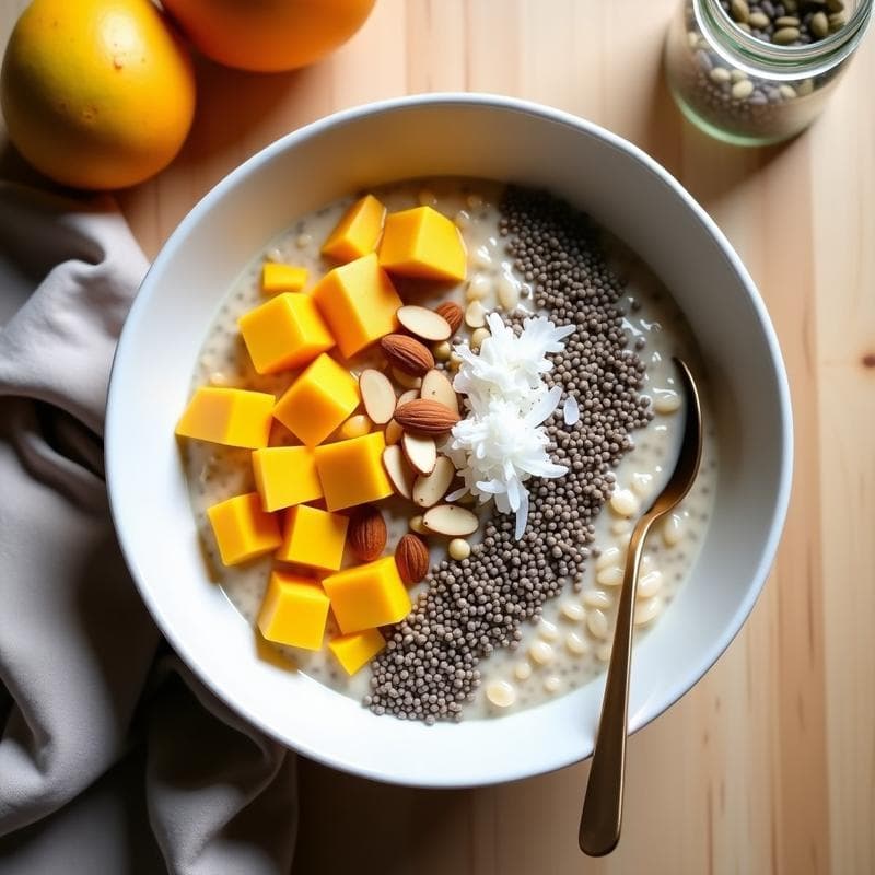 Bowl de Avena Nocturna con Chía y Mango: Desayuno Vegano Sin Cocción y Alta en Fibra